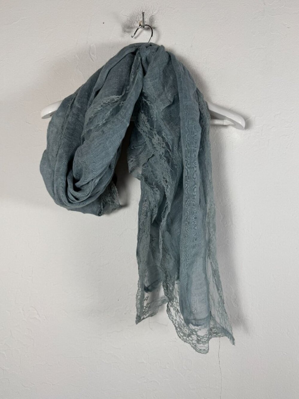 Women’s Blue Sheer Scarf Lace Trim Wrap Shawl Romantic 74x32 Lightweight Boho